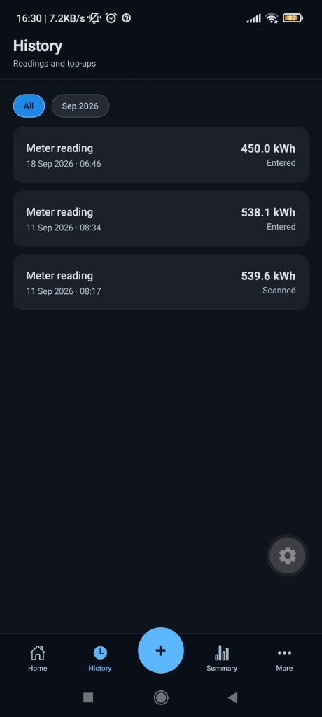 VoltZA History screen