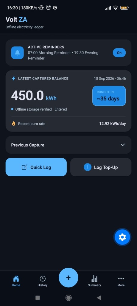 VoltZA Home screen