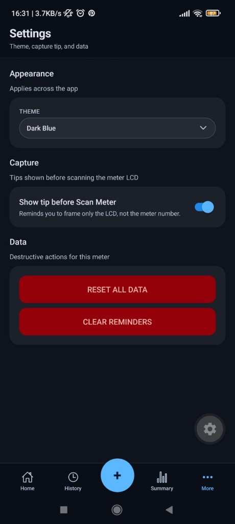 VoltZA Settings screen